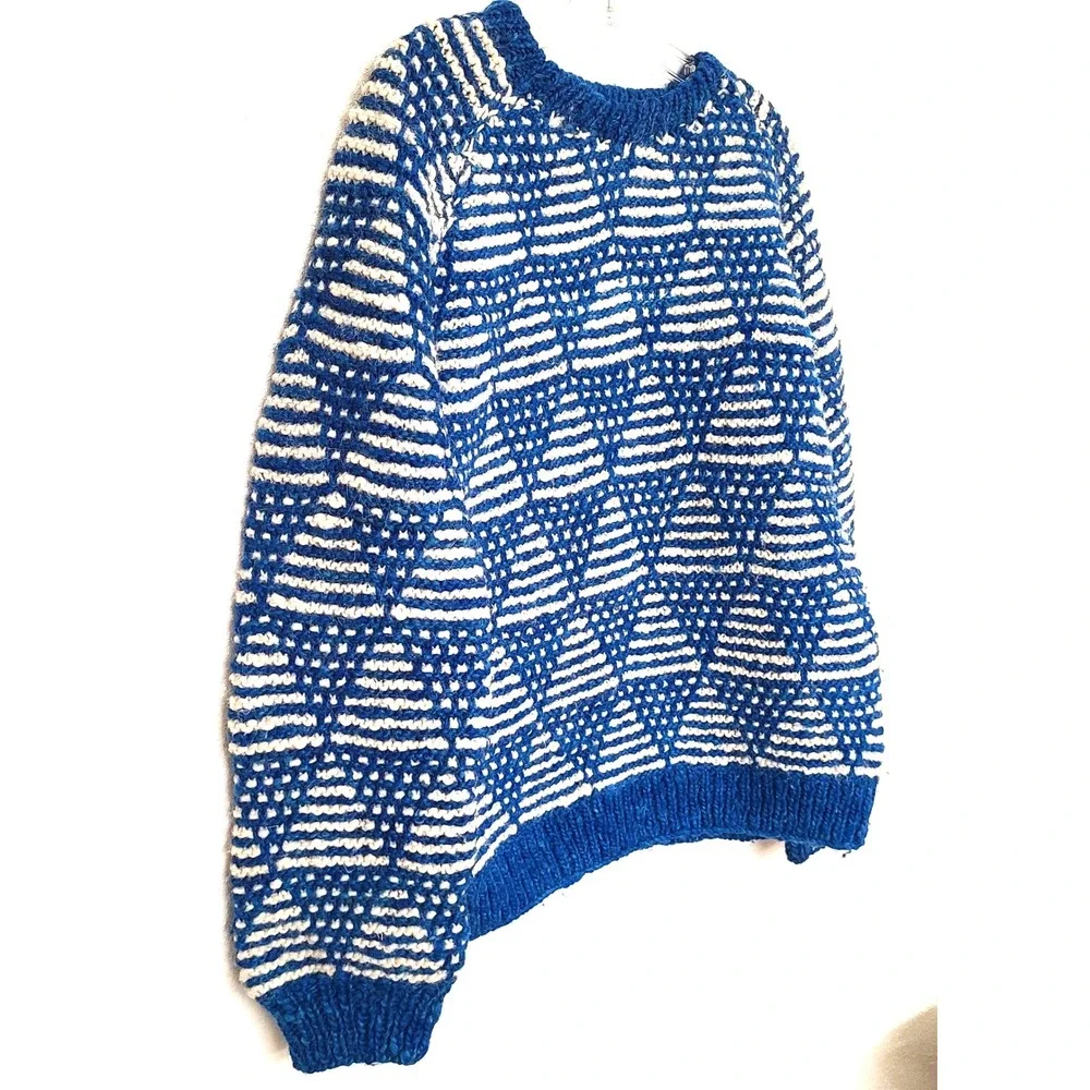 Vintage Elegant Passage‎ Sz L Blue 100% Wool Heavyweight Fisherman Sweater Cozy